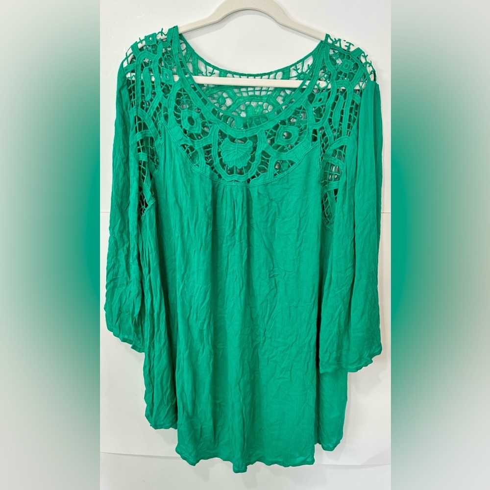 Roaman’s Womens Doily Top Size 22W 3/4 Draped Sleeve Gauze Beachy Coverup Green